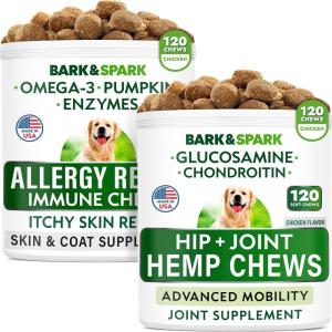 imageHemp Oil Treats  Glucosamine  Allergy Relief Bundle  Hip ampamp Joint Supplement  AntiItch ampamp Hot Spots  Chondroitin MSM  Omega 3  Pumpkin  Enzymes  Immune Support  Made in USA  240 Chews