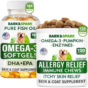 imageOmega 3  Allergy Relief Bundle  Skin ampamp Coat Support  AntiItch Skin  EPA ampamp DHA Fatty Acids  Omega 3 Fish Oil  Itching ampamp Paw Licking  Joint Health  180ct Softgels  180 Chews  Made in USA