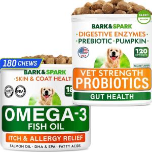 imageVet Strength Dog Probiotics  Omega 3 Fish Oil Treats Bundle  Dog Shedding Skin Allergy Itch Relief  Digestive Enzymes ampamp Gas Diarrhea Constipation Relief Supplement  Made in USA