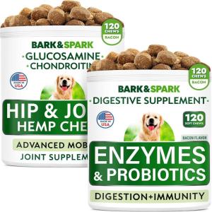imageProbiotics  Hemp Treats  Glucosamine Bundle  Upset Stomach Relief  Joint Pain Relief  Enzymes  Prebiotics  wMSM  Chondroitin  Hemp Oil  Omega 3  Improve Digestion  240 Chews  Made in USA