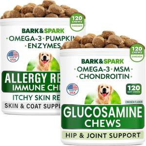 imageAllergy Relief Dog Treats  Glucosamine Dog Treats Bundle  Omega 3  Pumpkin  Enzymes for Itchy Skin Relief  Joint Pain Relief and Hip Support Supplement w Chondroitin MSM Omega3  Made in USA
