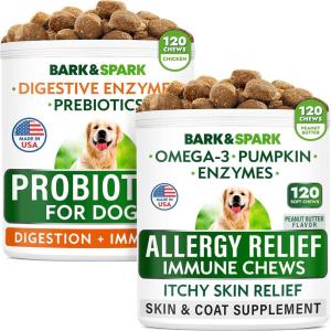 imageAllergy Relief Dog Treats  Probiotics Bundle  Itchy Skin Relief  Gas Diarrhea Relief  Omega 3  Pumpkin  Enzymes  Prebiotics  Seasonal Allergies  Improve Digestion  240 Chews  Made in USA