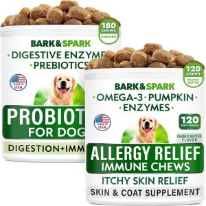 imageAllergy Relief Dog Treats  Probiotics Bundle  Itchy Skin Relief  Upset Stomach Relief  Omega 3  Pumpkin  Enzymes  Prebiotics  Seasonal Allergies  Improve Digestion  300 Chews  Made in USA