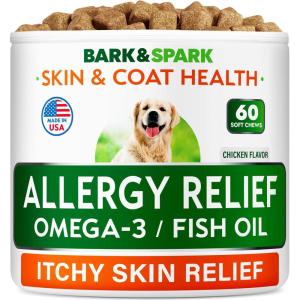 imageBARKampampSPARK Dog Allergy Relief Chews  AntiItch Skin ampamp Coat Supplement  Omega 3 Fish Oil  Itchy Skin Relief Treatment Pills  ItchingampampPaw Licking  Dry SkinampampHot Spots  60 Immune Treats  ChickenChicken