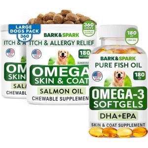 imageBARKampampSPARK Omega 3 for Dogs Bundle  AntiItch Skin  Skin Allergy  Omega 3 Fish Oil  EPA ampamp DHA Fatty Acids  Itching ampamp Paw Licking  Itch Relief  180 Softgels  360 Chews  Made in USA