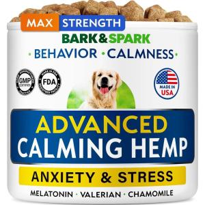 imageBARKampampSPARK Advanced Calming Chews for Dogs  Hemp Chew  Melatonin  Anxiety Relief  Sleep Aid  Relaxing Treats  Stress Relief During Fireworks Storms Thunder Barking  Made in USA  60CtCalming Hemp Anxiety  Stress