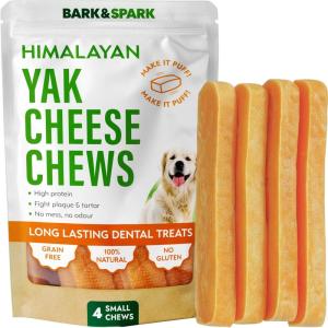 imageBARKampampSPARK Yak Cheese Himalayan Dog Chews  100 Natural ampamp Long Lasting Dog Treats Yak Milk Chews for Small Medium ampamp Large Dogs Lactose ampamp Gluten Free Dental Sticks Healthy ampamp Safe 4 Small ChewsSmall 4 Chews  Yak Cheese