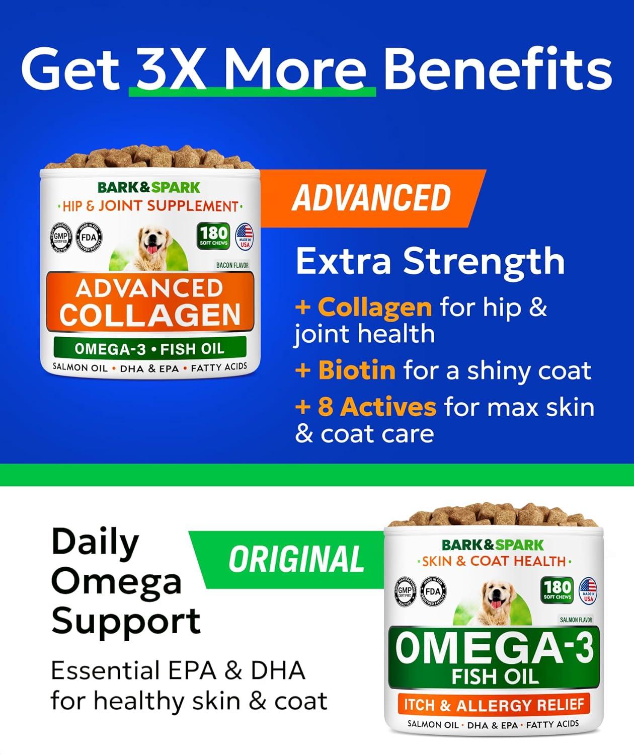 imageBARKampampSPARK Advanced Collagen  Omega3 Formula for Dogs  180 Fish Oil Treats for Dog Shedding Itch ampamp Allergy Relief Hot Spots Hip ampamp Joint and Skin ampamp Coat Supplement  Biotin EPA ampamp DHA Fatty AcidsBacon