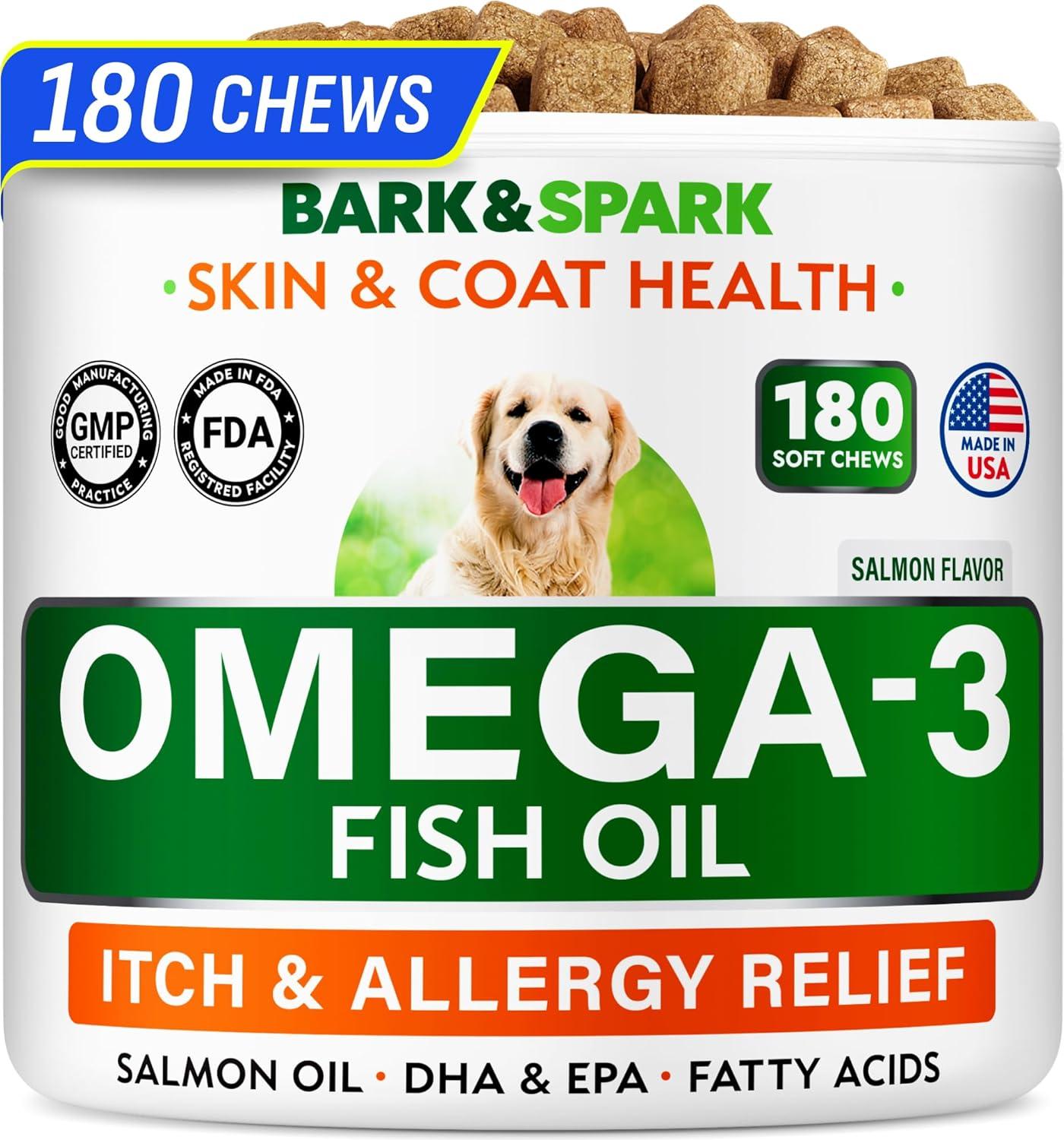 imageBARKampampSPARK Advanced Collagen  Omega3 Formula for Dogs  180 Fish Oil Treats for Dog Shedding Itch ampamp Allergy Relief Hot Spots Hip ampamp Joint and Skin ampamp Coat Supplement  Biotin EPA ampamp DHA Fatty AcidsSalmon