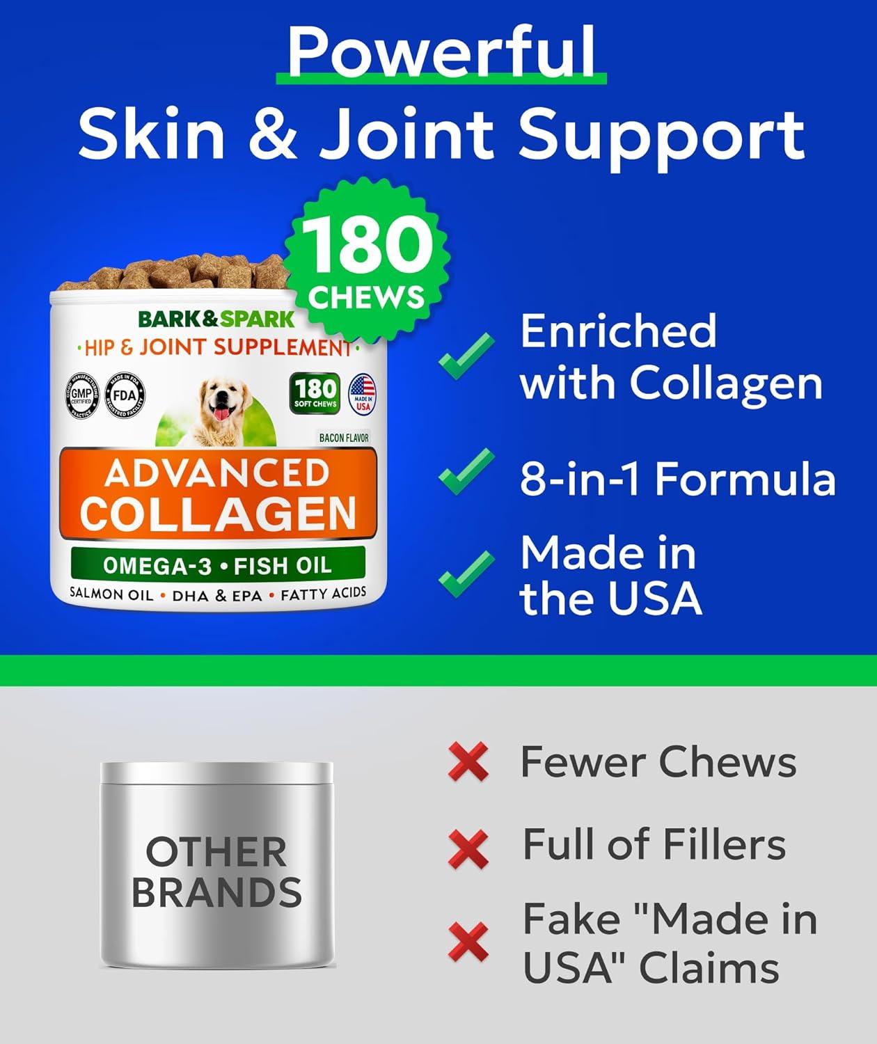 imageBARKampampSPARK Advanced Collagen  Omega3 Formula for Dogs  180 Fish Oil Treats for Dog Shedding Itch ampamp Allergy Relief Hot Spots Hip ampamp Joint and Skin ampamp Coat Supplement  Biotin EPA ampamp DHA Fatty AcidsBacon