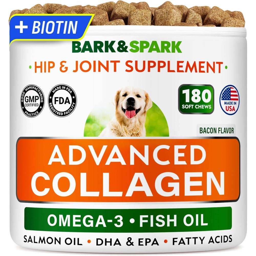 imageBARKampampSPARK Advanced Collagen  Omega3 Formula for Dogs  180 Fish Oil Treats for Dog Shedding Itch ampamp Allergy Relief Hot Spots Hip ampamp Joint and Skin ampamp Coat Supplement  Biotin EPA ampamp DHA Fatty AcidsBacon