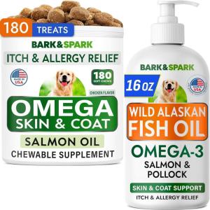 image:imageBARKampSPARK Omega 3  Fish Oil for Dogs  Skin Allergy Chews Itch Relief Hot Spots Treatment  Fish Oil Liquid Supplement for Pets EPADHA Fatty Acids Skin amp Coat Support  Bundle 180 Ct  16 OzBundle Omega3  Fish Oil
