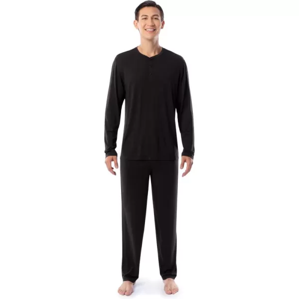 Fruit of the Loom Mens 360 Stretch Long Sleeve Henley Top and Pant Sleep Pajama SetBlack