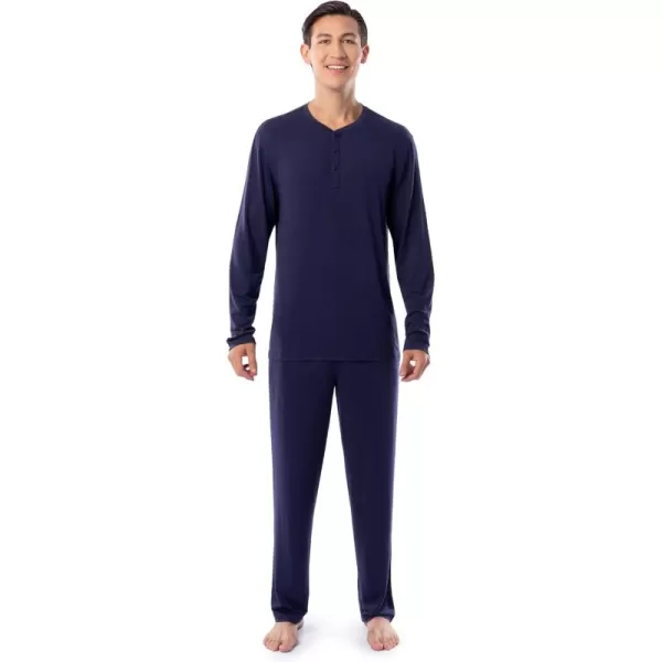 Fruit of the Loom Mens 360 Stretch Long Sleeve Henley Top and Pant Sleep Pajama SetNavy