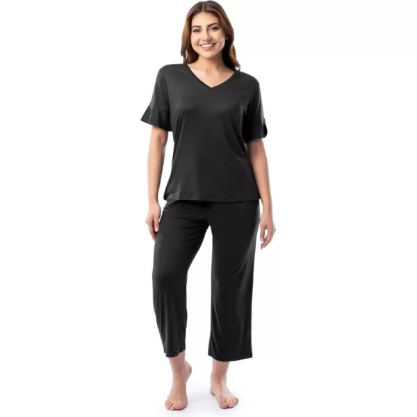 Fruit of the Loom Womens 360 Stretch Ruffle Sleeve VNeck Tee and Capri Sleep Pajama SetBlack