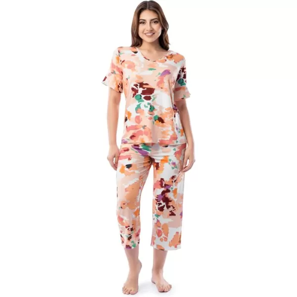 Fruit of the Loom Womens 360 Stretch Ruffle Sleeve VNeck Tee and Capri Sleep Pajama SetPainters Palette