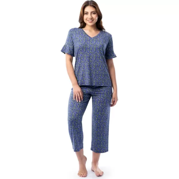 Fruit of the Loom Womens 360 Stretch Ruffle Sleeve VNeck Tee and Capri Sleep Pajama SetSmall Bloom