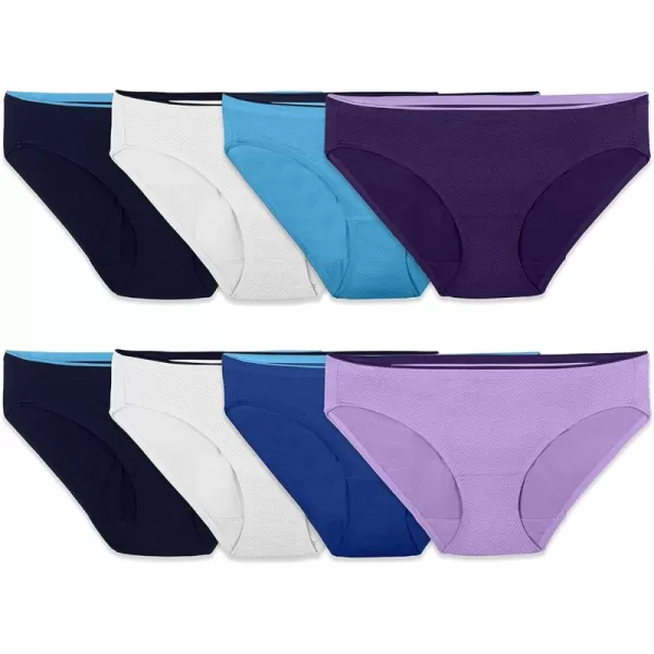 Fruit of the Loom Womens Breathable Underwear Moisture Wicking Keeps You Cool ampamp Comfortable Available in Plus SizeMicro Mesh  Bikini  8 Pack  WhiteBluePurple