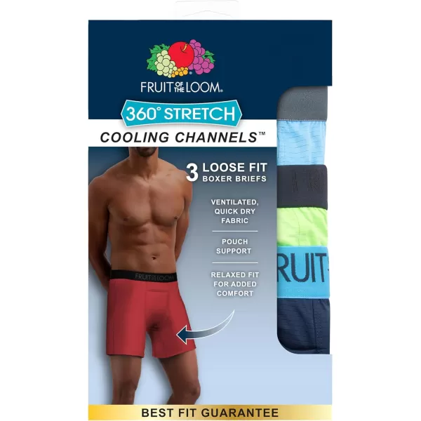 Fruit of the Loom Mens 360 Stretch Boxer Briefs High Performance Stretch Quick Dry ampamp Moisture WickingCooling Channels  3 Pack  Colors May Vary