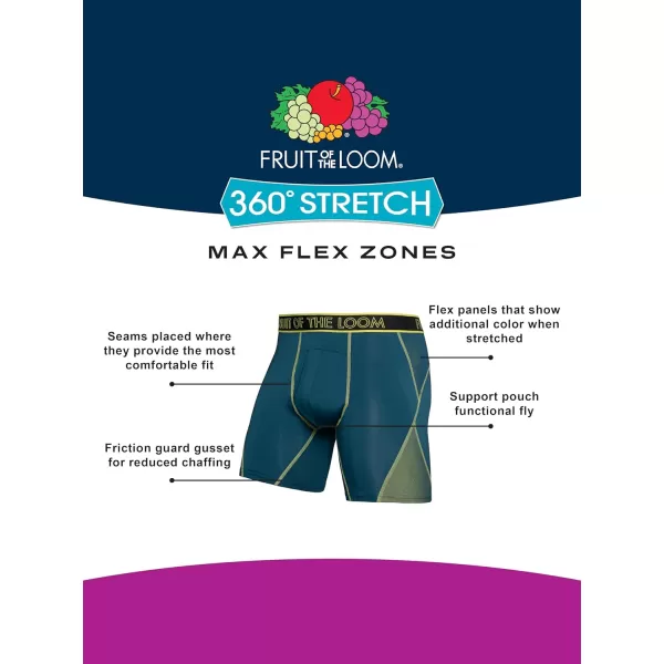 Fruit of the Loom Mens 360 Stretch Boxer Briefs High Performance Stretch Quick Dry ampamp Moisture WickingMax Flex Zones  3 Pack  Colors May Vary