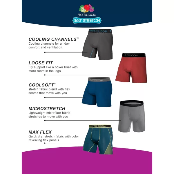 Fruit of the Loom Mens 360 Stretch Boxer Briefs High Performance Stretch Quick Dry ampamp Moisture WickingMax Flex Zones  3 Pack  Colors May Vary