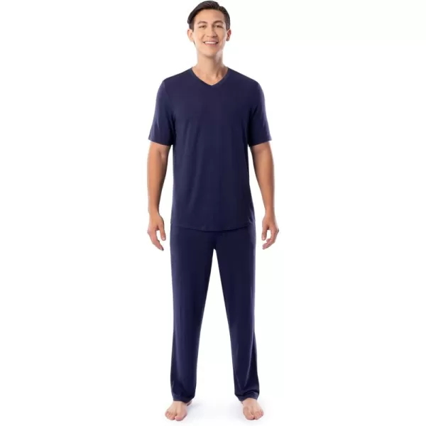 Fruit of the Loom Mens 360 Stretch Short Sleeve VNeck Top and Pant Sleep Pajama SetNavy