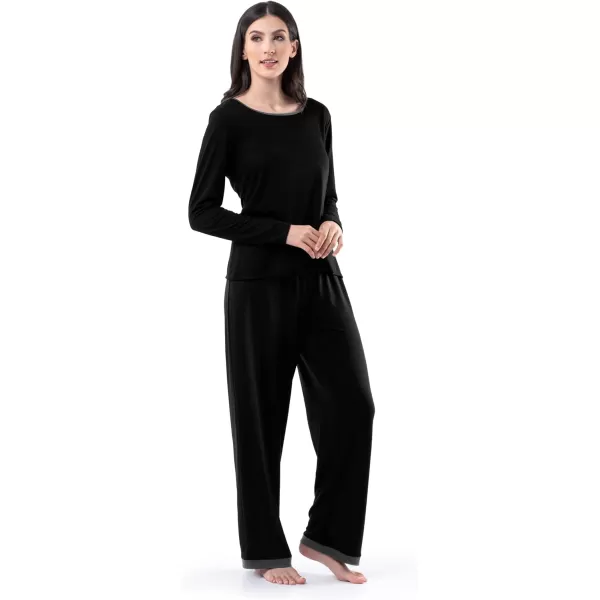 Fruit of the Loom Womens Long Sleeve Tee and Pant 2 Piece Sleep SetBlack