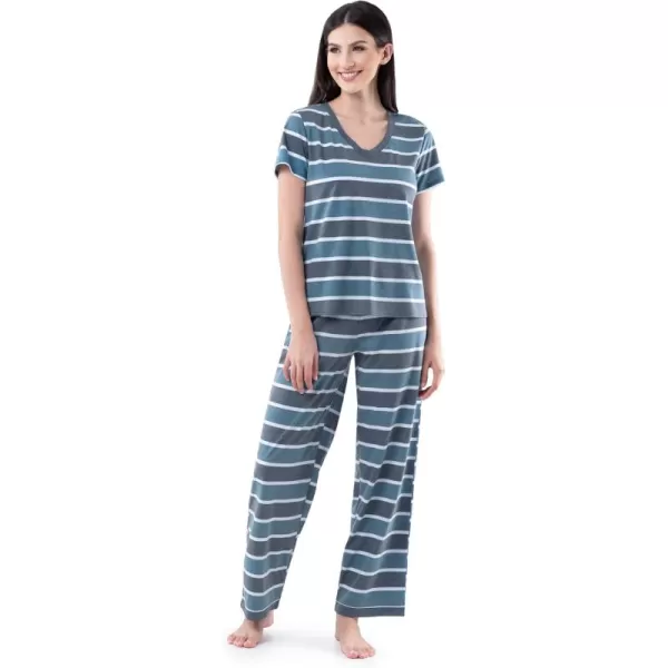 Fruit of the Loom Womens Short Sleeve Tee and Pant 2 Piece Sleep Pajama SetBlue Stripe