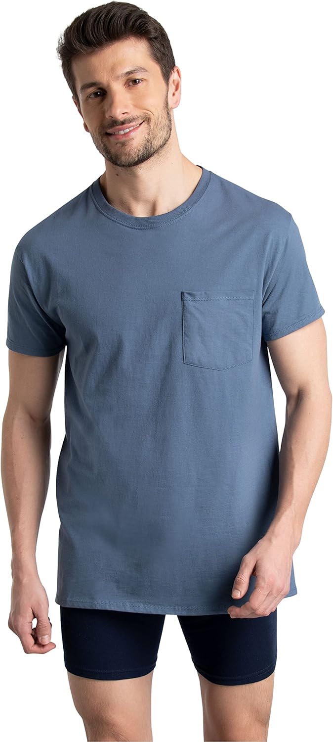 Fruit of the Loom mens Eversoft Cotton Short Sleeve Pocket Tshirts Breathable ampamp Tag Free6 Pack  Assorted Blues