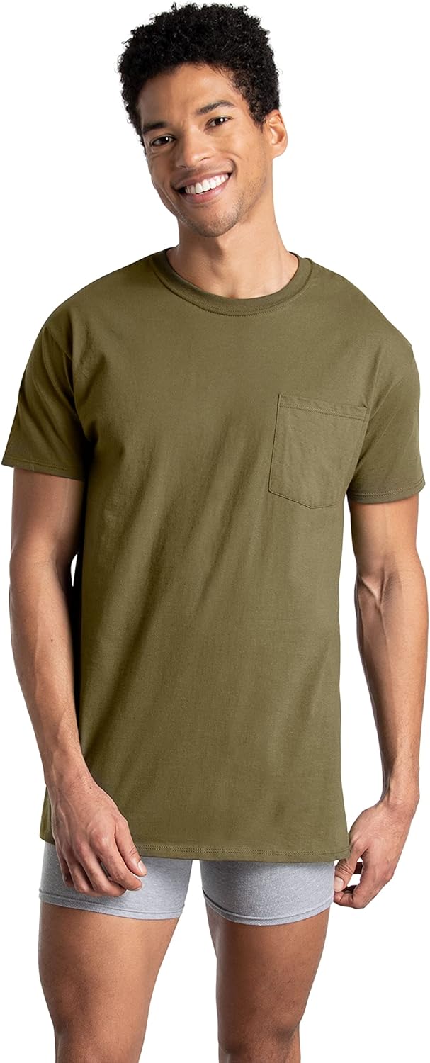 Fruit of the Loom mens Eversoft Cotton Short Sleeve Pocket Tshirts Breathable ampamp Tag Free6 Pack  Assorted Earth Tones