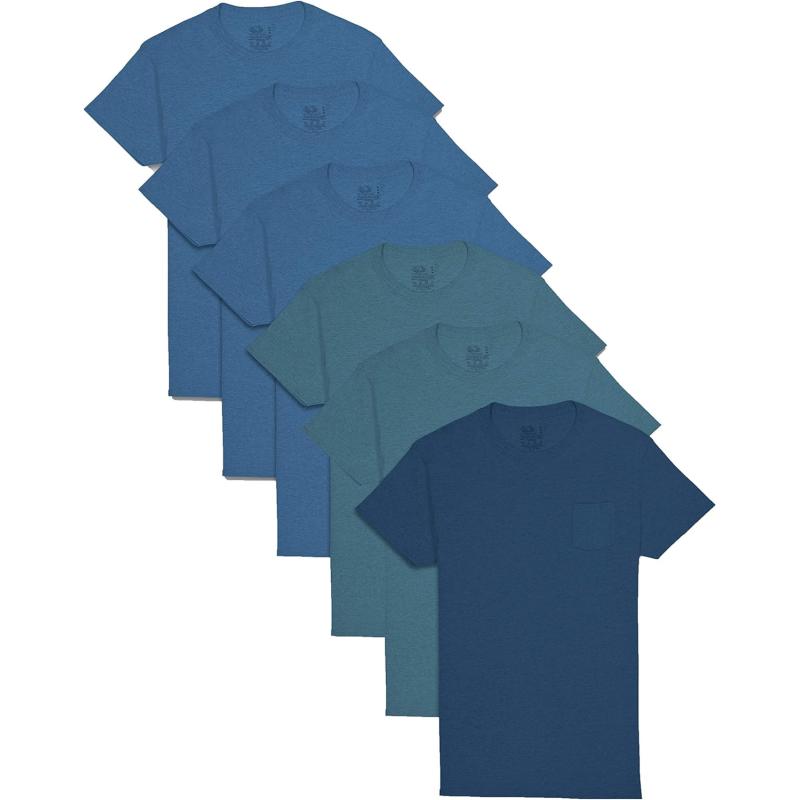 Fruit of the Loom mens Eversoft Cotton Short Sleeve Pocket Tshirts Breathable ampamp Tag Free6 Pack  Assorted Blues