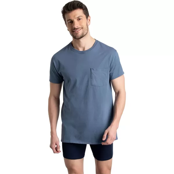 Fruit of the Loom mens Eversoft Cotton Short Sleeve Pocket Tshirts Breathable ampamp Tag Free6 Pack  Assorted Blues