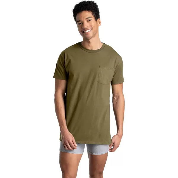 Fruit of the Loom mens Eversoft Cotton Short Sleeve Pocket Tshirts Breathable ampamp Tag Free6 Pack  Assorted Earth Tones