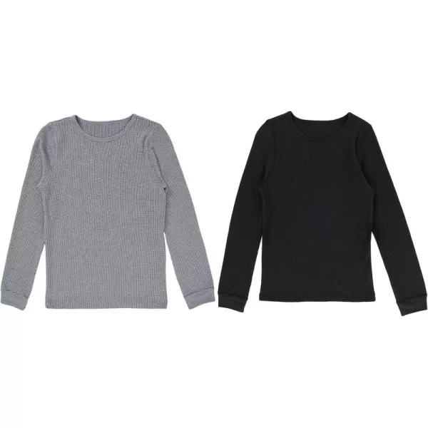 Fruit of the Loom Girls Premium 2Pack Thermal Waffle Crew TopBlackHeather Greystone