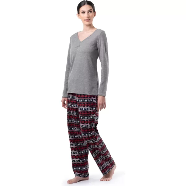 imageFruit of the Loom womens Waffle Vneck Top and Flannel Pant Sleep SetGrey HeatherFair Isle Black