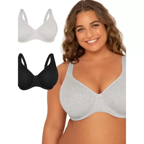 imageFit For Me By Fruit of the Loom Womens Plus Size Cotton Unlined Underwire BraPinchFree Straps  Side and Back SmoothingHeather GreyBlack Hue