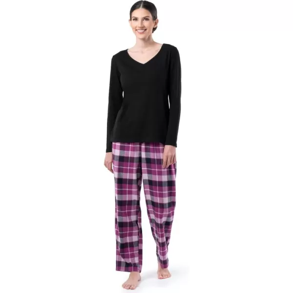 imageFruit of the Loom womens Waffle Vneck Top and Flannel Pant Sleep SetBlackBuffalo Plaid