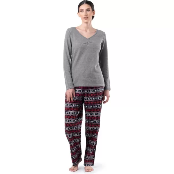 imageFruit of the Loom womens Waffle Vneck Top and Flannel Pant Sleep SetGrey HeatherFair Isle Black