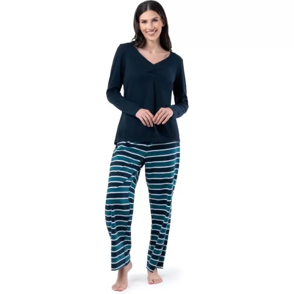 imageFruit of the Loom womens Waffle Vneck Top and Flannel Pant Sleep SetMidnight BlueBlue Sea Stripe