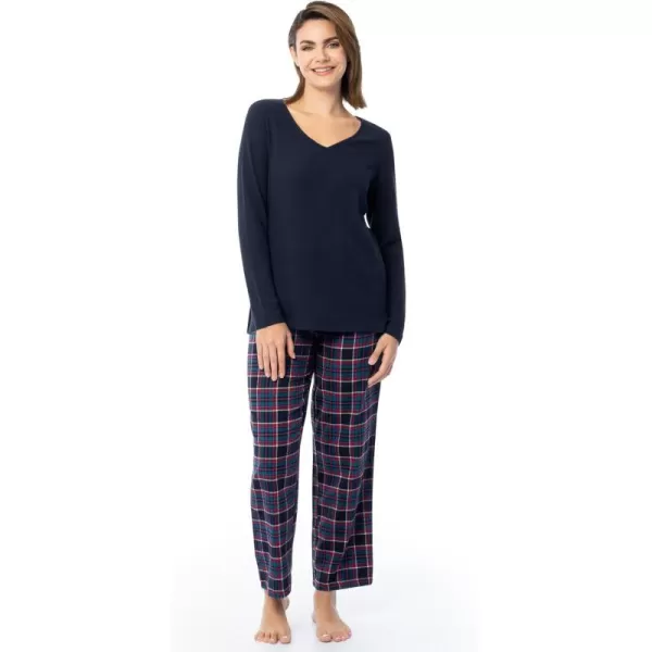 imageFruit of the Loom womens Waffle Vneck Top and Flannel Pant Sleep SetNavyHoliday Plaid