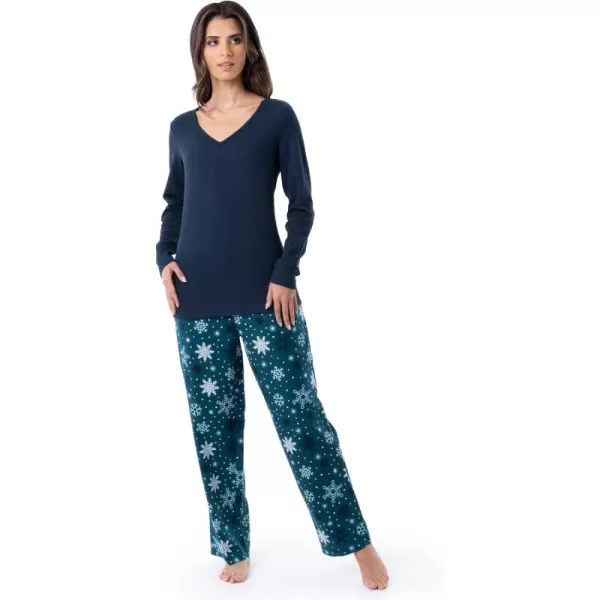 imageFruit of the Loom womens Waffle Vneck Top and Flannel Pant Sleep SetNavySnowflake