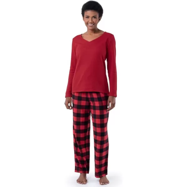 imageFruit of the Loom womens Waffle Vneck Top and Flannel Pant Sleep SetRadiant RedBuffalo Check