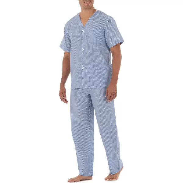 imageFruit of the Loom Mens Broadcloth Short Sleeve Top and Long Pants Pajama SetBlue Stripe