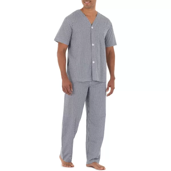 imageFruit of the Loom Mens Broadcloth Short Sleeve Top and Long Pants Pajama SetNavyWhite Check