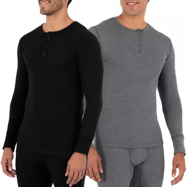 imageFruit of the Loom Mens Recycled Waffle Thermal Underwear Henley Top 1 and 2 PacksBlackGreystone Heather