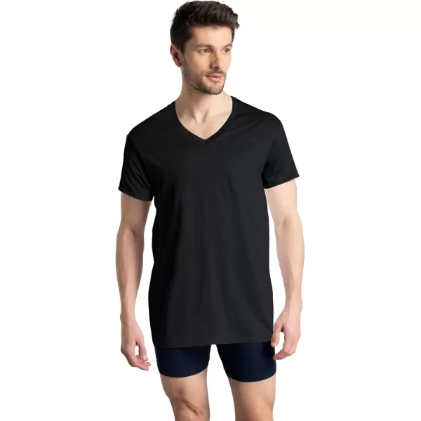 imageFruit of the Loom Mens Eversoft Cotton Stay Tucked VNeck TShirtRegular  Black  12 Pack