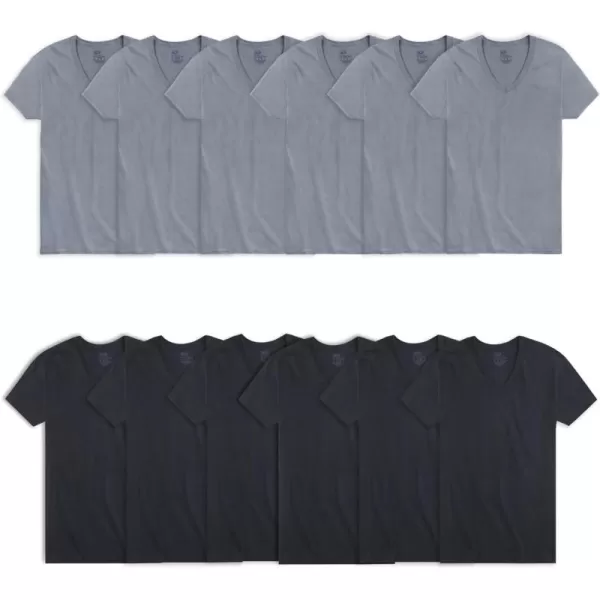 imageFruit of the Loom Mens Eversoft Cotton Stay Tucked VNeck TShirtRegular  Black  12 Pack