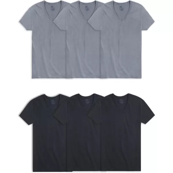 imageFruit of the Loom Mens Eversoft Cotton Stay Tucked VNeck TShirtRegular  Black  Gray  6 Pack