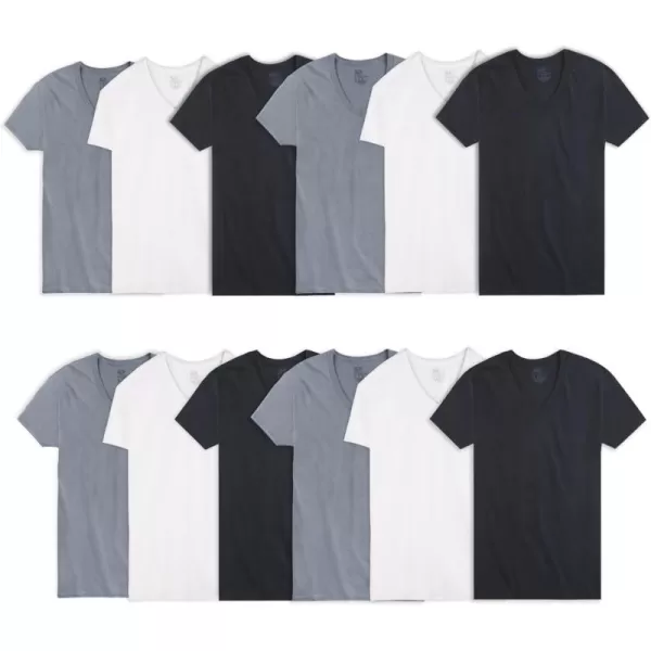 imageFruit of the Loom Mens Eversoft Cotton Stay Tucked VNeck TShirtRegular  BlackGrayWhite  12 Pack