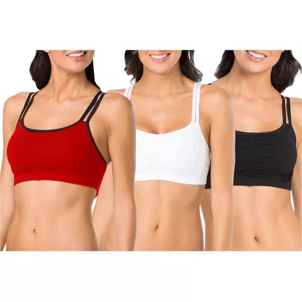 imageFruit of the Loom Womens Spaghetti Strap Cotton Pull Over 3 Pack Sports BraRed Hot With BlackWhiteBlack Hue